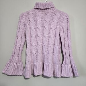 Vintage 1990s Cable Knit Wool Blend Sweater 3/4 Bell Sleeves Pink XS